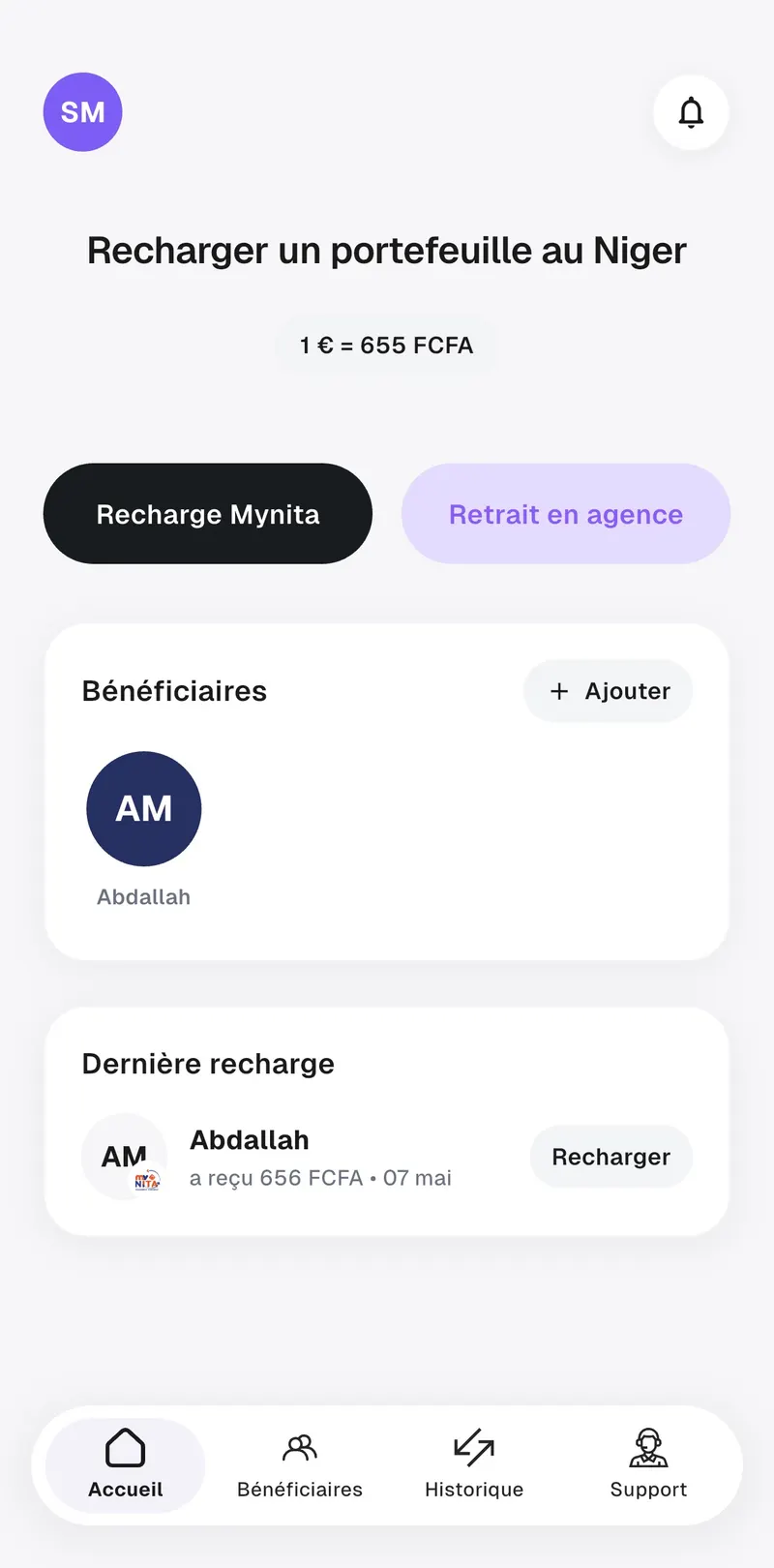 Écran d'accueil de l'application Tayp